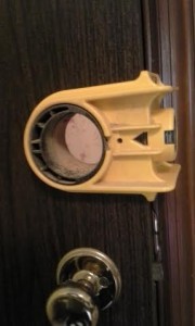 Fresh installation for a new home deadbolt lock This is how the door looks like after drilling a hall before the lock installation.