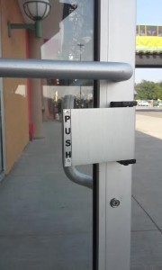 Paddle handle commercial lock for businesses This is the paddle handle on the inside of the door for customers to exit with an easy push.