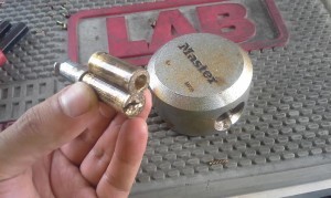 This is the old padlock cylinder after drilling the pins in order to get it open.