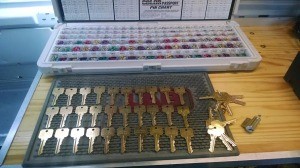 Here are the 30 keys I duplicated for my client in my truck. After I was testing all of the keys on the cylinder locks to make sure it works properly.