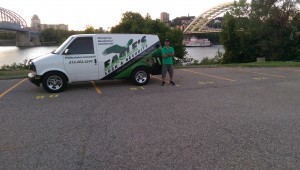 Eagle's Locksmith is your local locksmith in Cincinnati, Ohio Eagle's locksmith van on downtown Cincinnati background